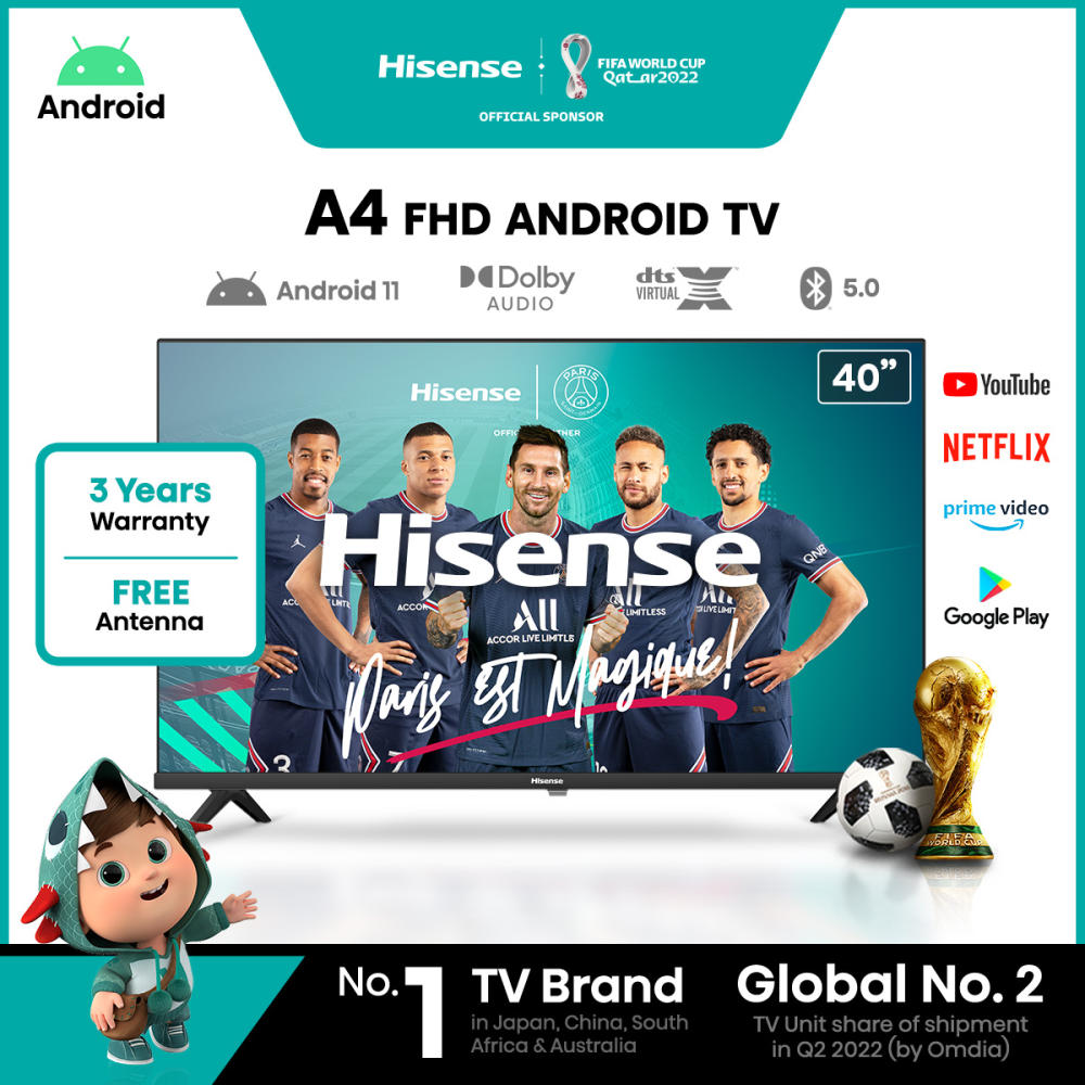 Hisense A4 40" Android TV | Full HD | Google Play | Android 11 | DTS Virtual X | Dolby Audio | Bezelless | Smart TV | Dual Wifi 2.4+5G | Bluetooth Remote | Youtube | Netflix | Disney+ | Google voice c