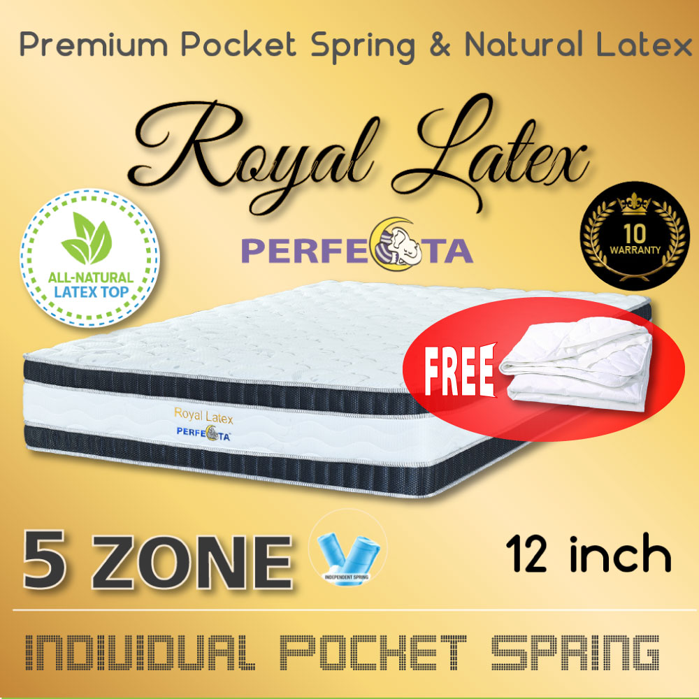 [Bulky] Queen Size - Perfecta Royal Latex 5 Zone Pocket Spring with Natural Latex Top on Euro TOP Design 12 Inch Mattress