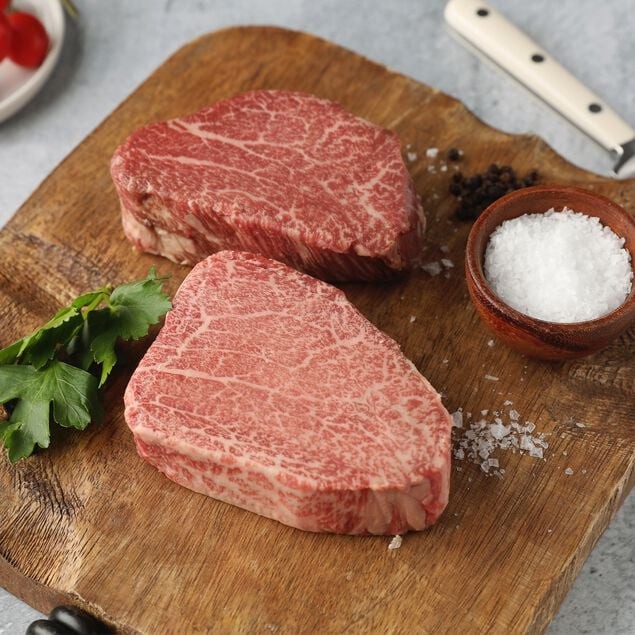 Japanese Wagyu Filet Mignon Steaks, A5 Grade（frozen: Kit: 2 Steaks (6 oz avg each)）