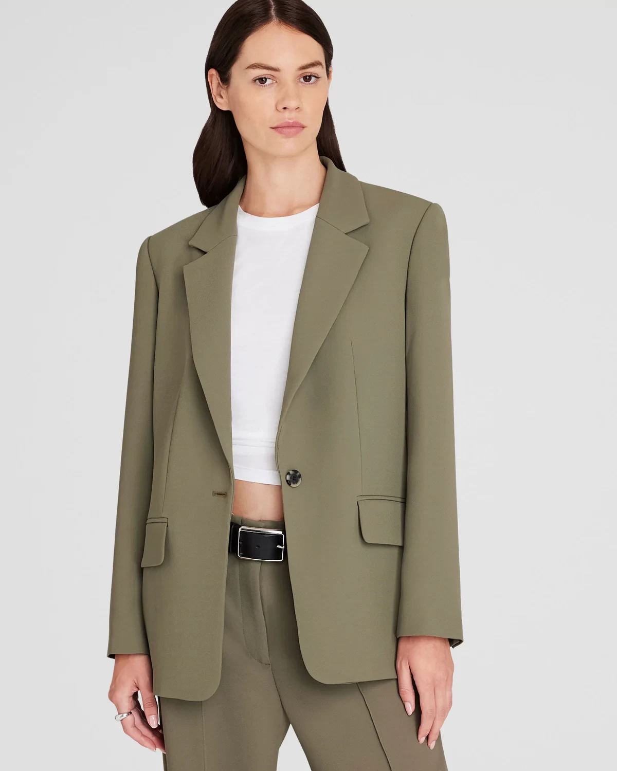 Relaxed Single-Breasted Crepe Blazer (Size: XL Olive Pit)