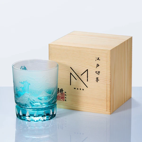 Edo Kiriko Handcrafted Fuji Wave Whisky Glass Collection With Wooden Box （Styles: Ao Fuji）