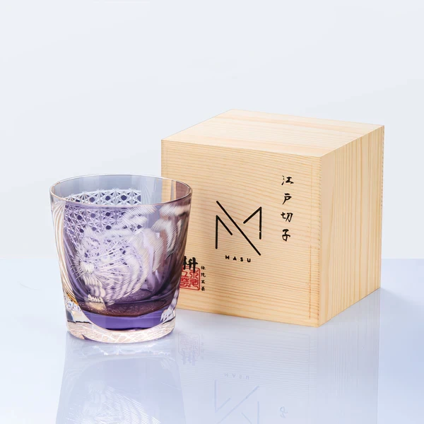 Edo Kiriko Handcrafted Murasaki Tora Whisky Glass With Wooden Box