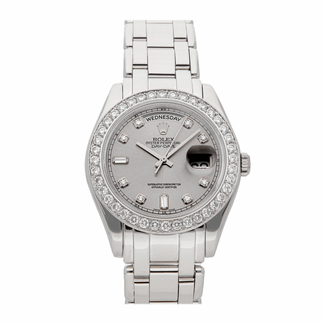 Rolex Day-Date Auto 39mm Platinum Diamonds Pearlmaster Bracelet Watch 18946