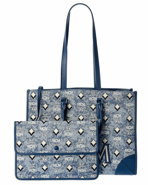 Mcm Vintage Jacquard Monogram Canvas Tote Women's Blue